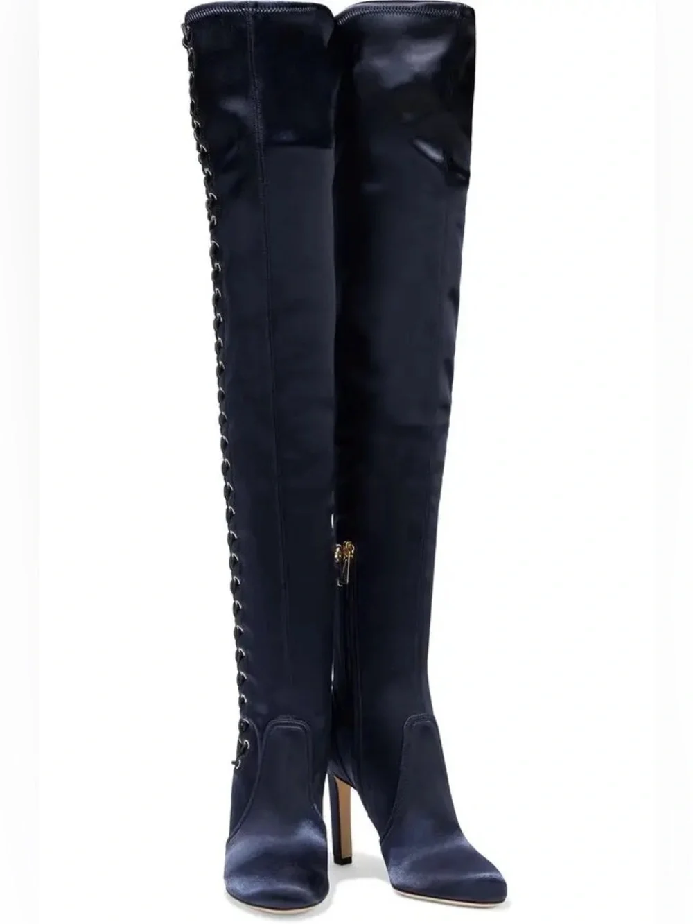 NEW Jimmy Choo Marie 100 Navy Satin Lace Up Over The Knee Boots 35 US 5